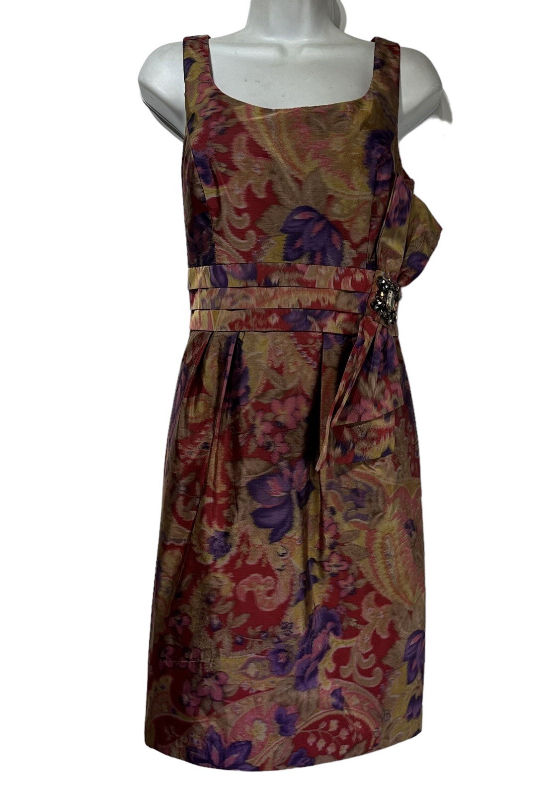 Eliza J New York Sleeveless Floral Brocade Dress Rhinestone Bow Pleated Size 8