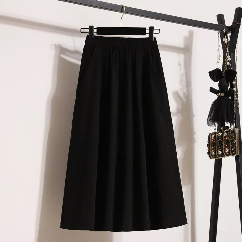 Elastic Waist High Waist Medium Skirt Slimming Solid Color Large Size Multifunct