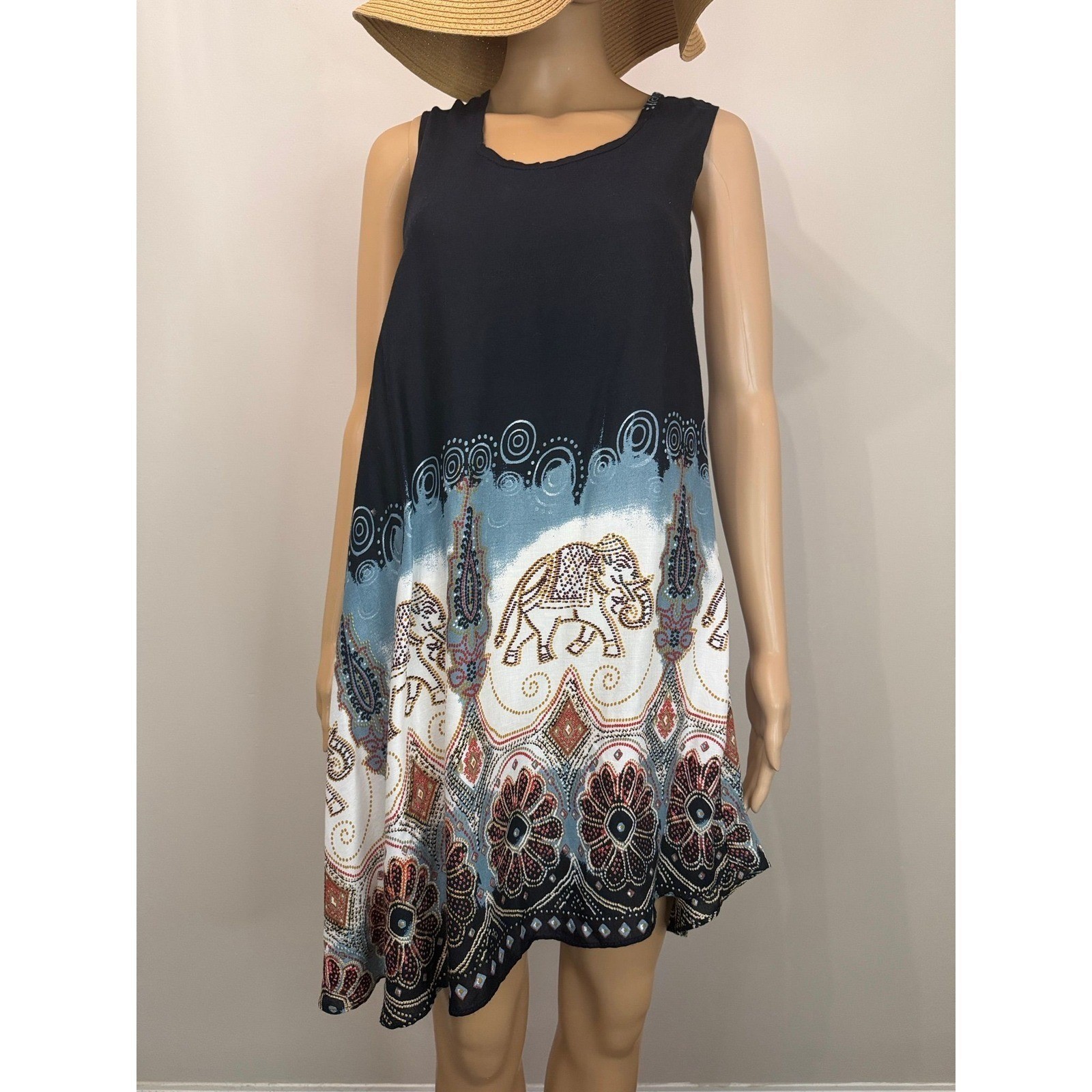 Boho Elephant Print Sleeveless Swing Tunic Dress Black Blue Twisted Racerback