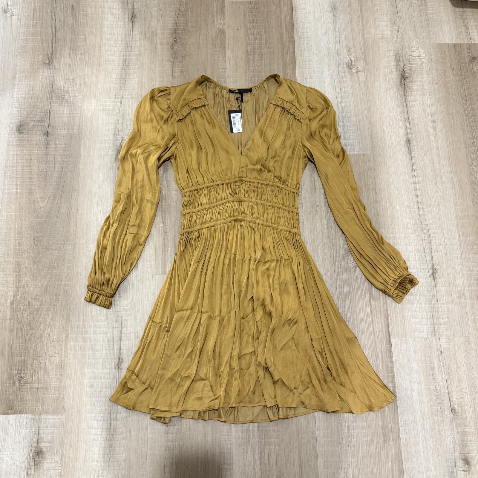 Maje Riane Ruched Satin Mini Dress in Gold Size 35 (NWT)