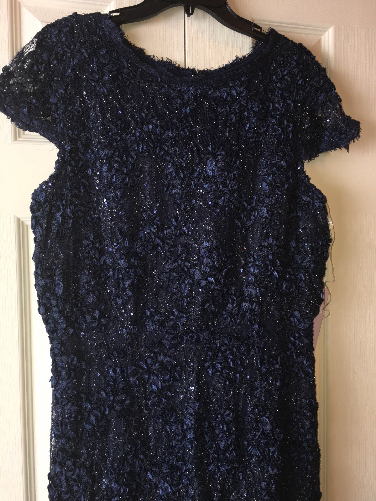 JS COLLECTIONS Navy Sequined Soutache Lace Blouson Bodycon Gown SZ 12 NEW
