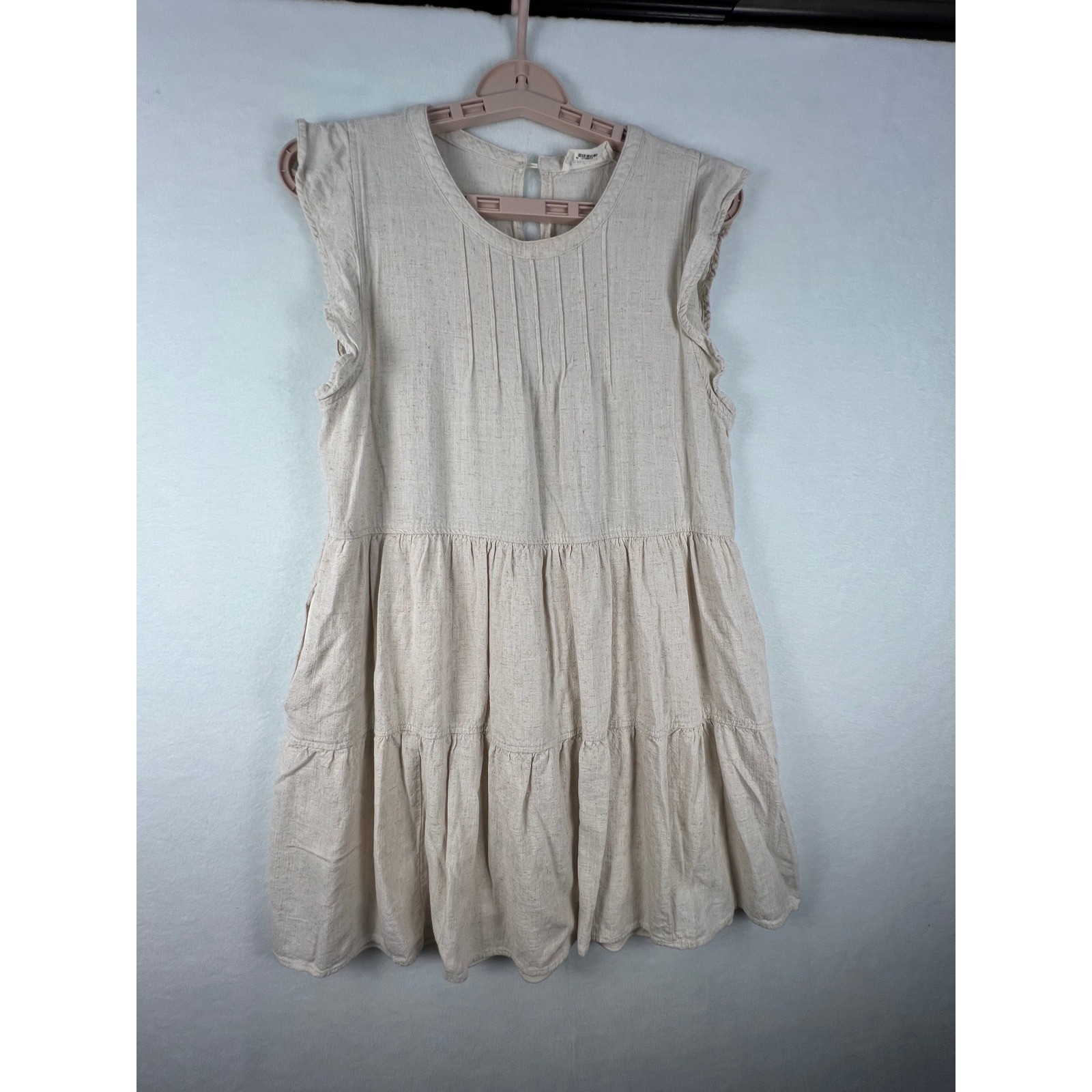 New In Womens Medium Linen Blend Tiered Babydoll Dress Beige Cottagecore Boho