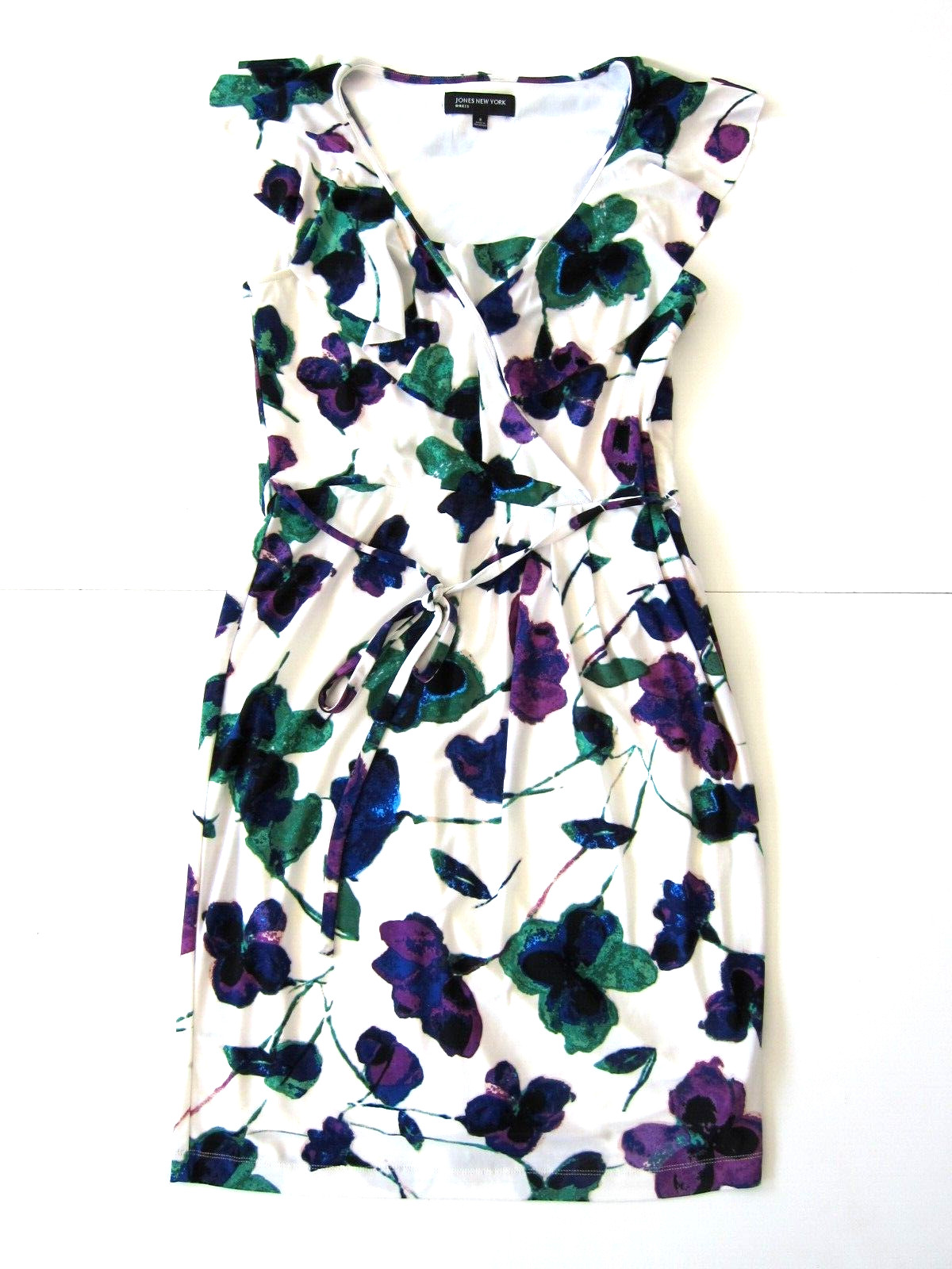 Jones New York Stretch White Purple Green Floral Cap Sleeve Sheath Dress Size 8