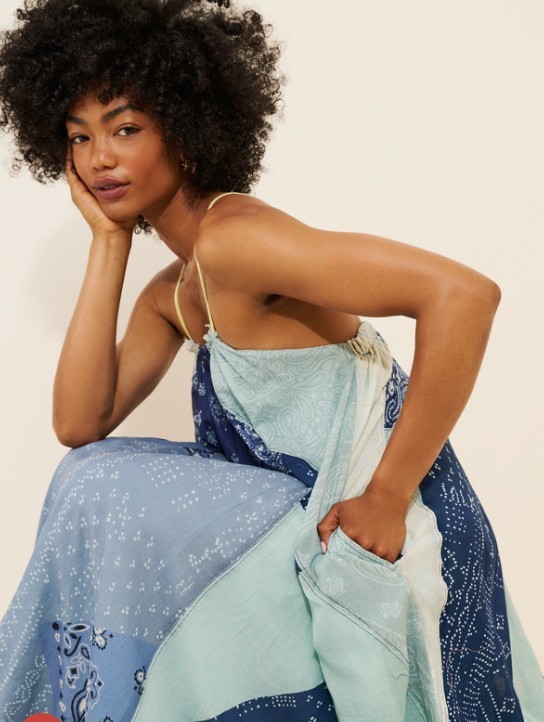 NWT Free People Womens Patchwork Halter Happy Days Maxi Dress Indigo Combo M/L