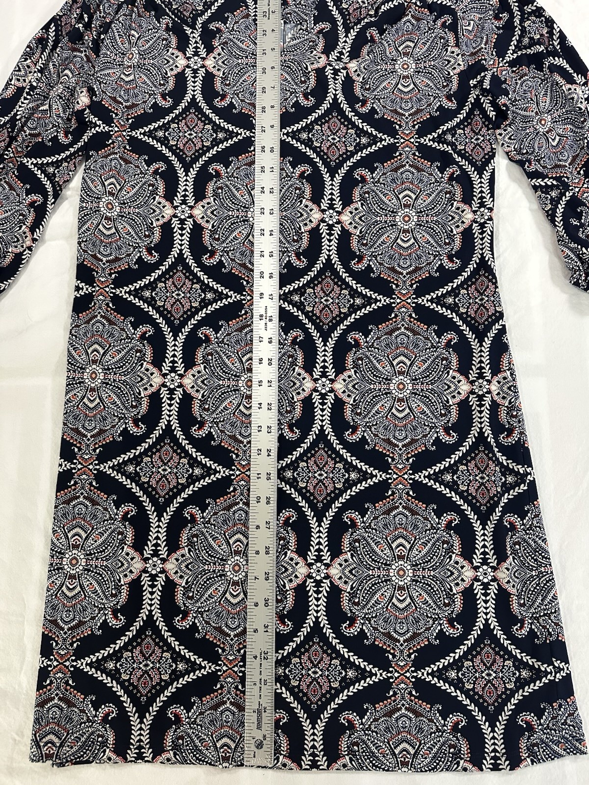 AUW Geometric Blue/White/Red V-Neck 3/4 Sleeve Shift Dress Knee 12