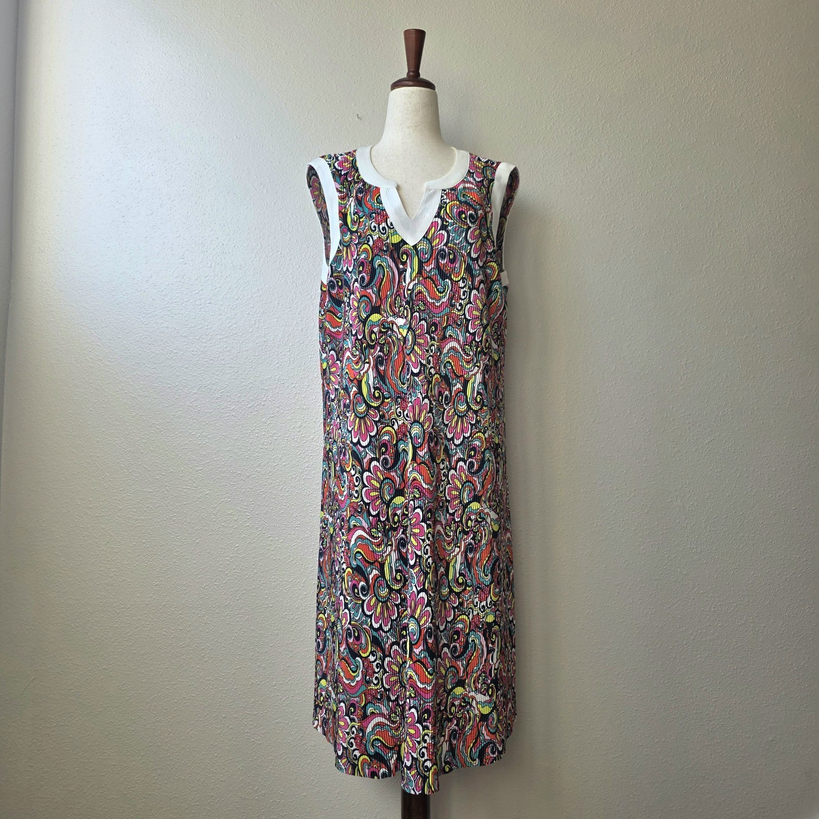 Nina Leonard Multicolor Floral Shift Midi Dress V-Neck Sleeveless Size L