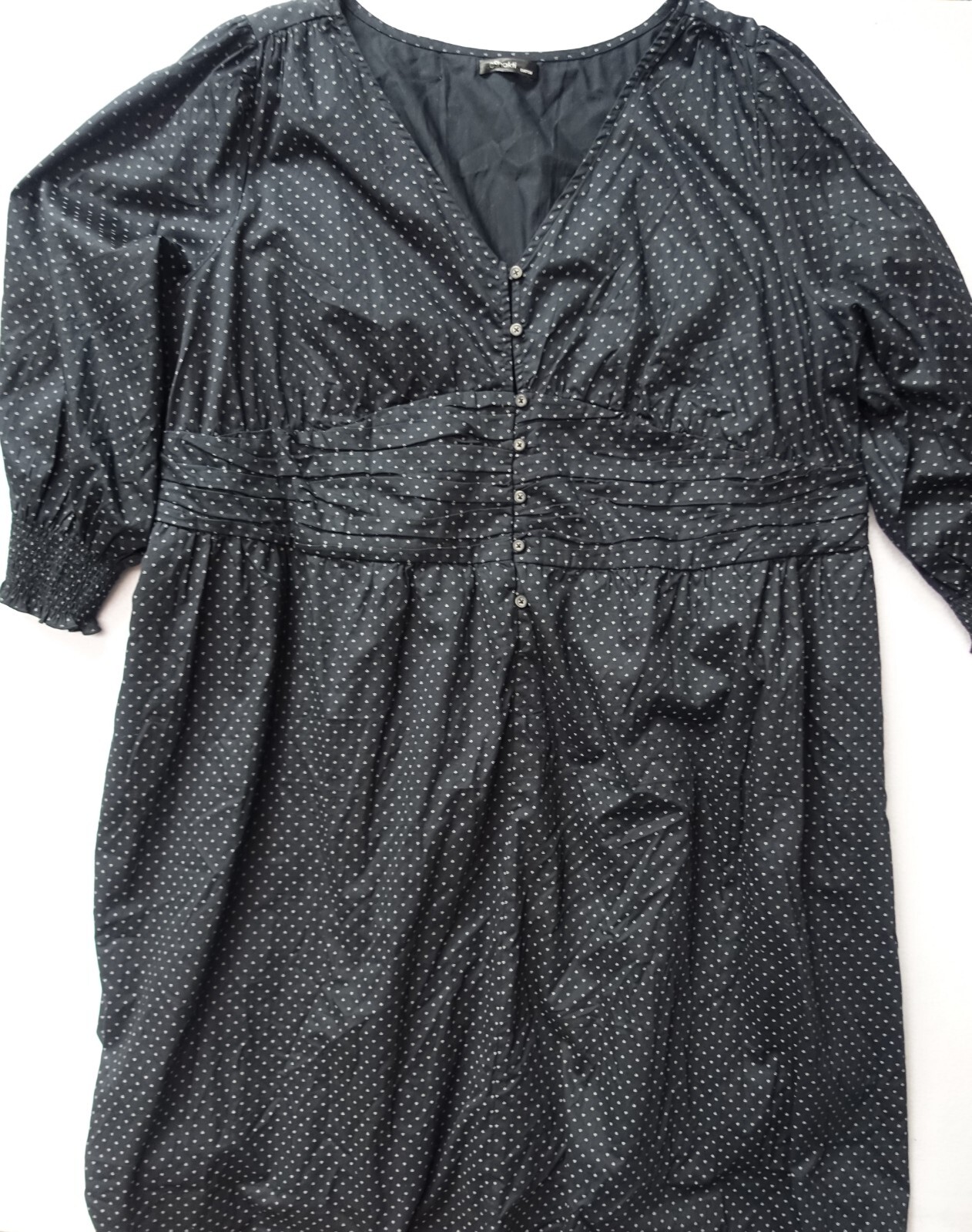 eShakti CUSTOM~MINT!!~BLACK W/WHITE PRINT COTTON RUCHED WAIST DRESS SZ:32W TALL