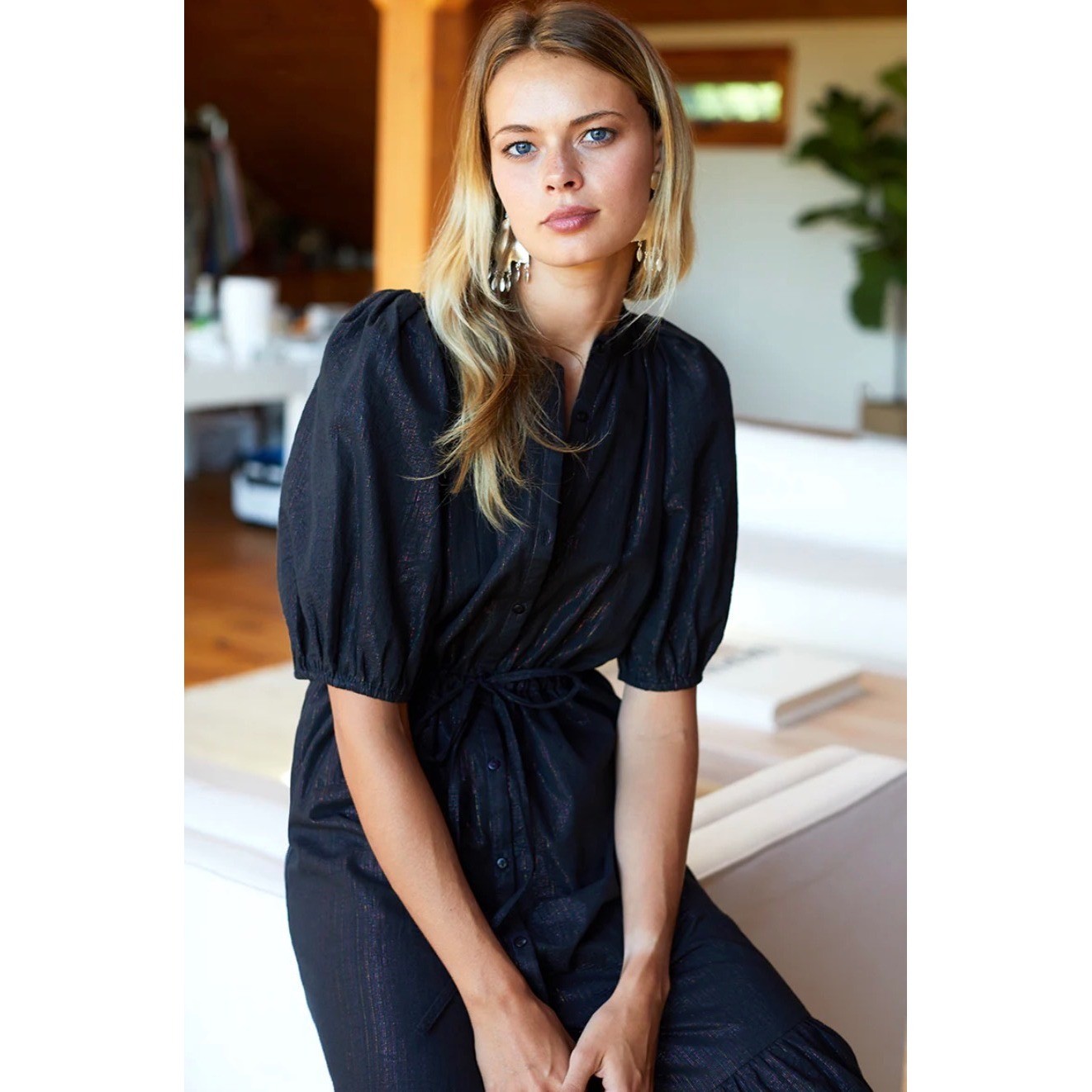 Emerson Fry Lucy Maxi Dress Womens Small Rainbow Black Lurex Cotton Puff Sleeve