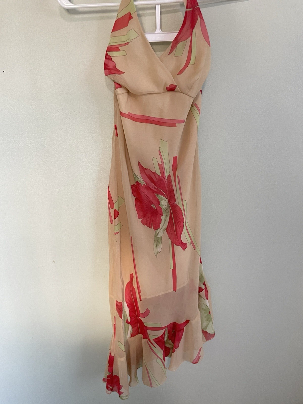 Gorgeous Floral Halter Midi Dress Beige with Pink&Green Floral Hawaiian Dress