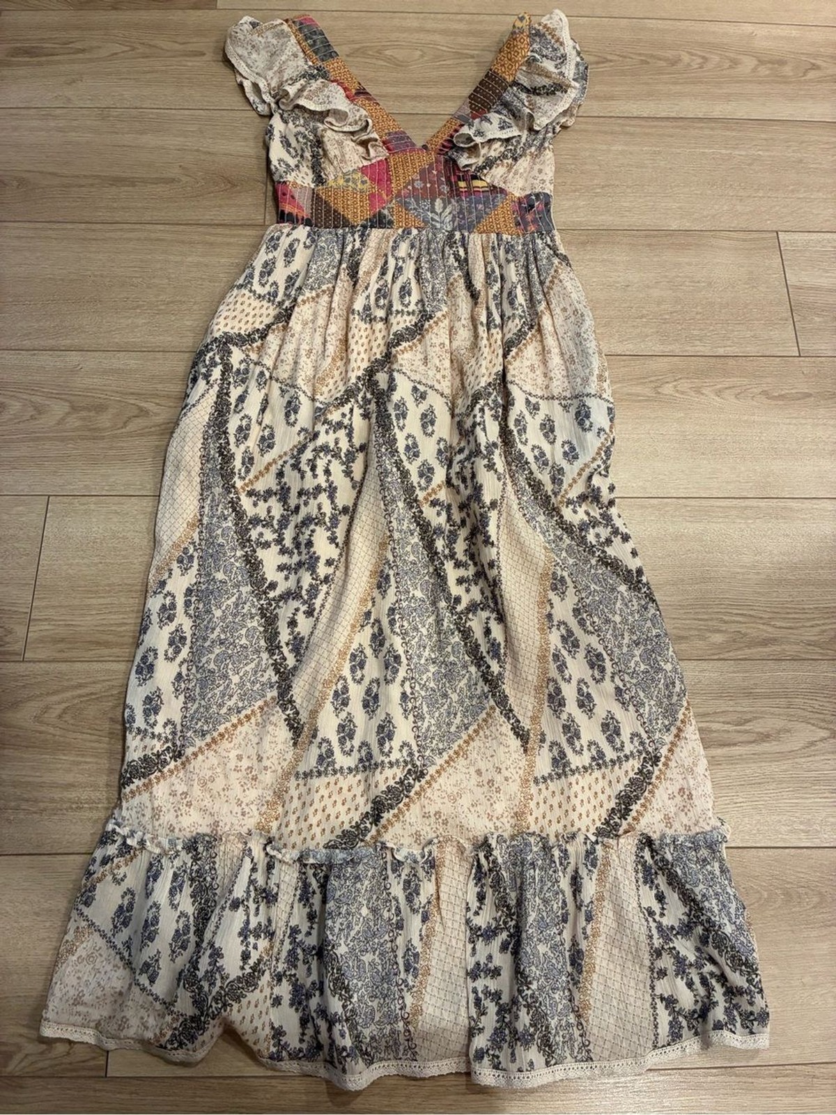 Let Me Be x Anthropologie Quilted Ruffle Patchwork Maxi Dress Size XS *FLAW