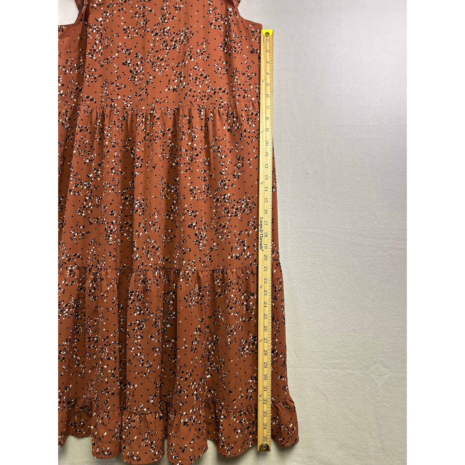 Boho Feminine Brannan Brown Dress – Rust with Black & White Dots, Size L