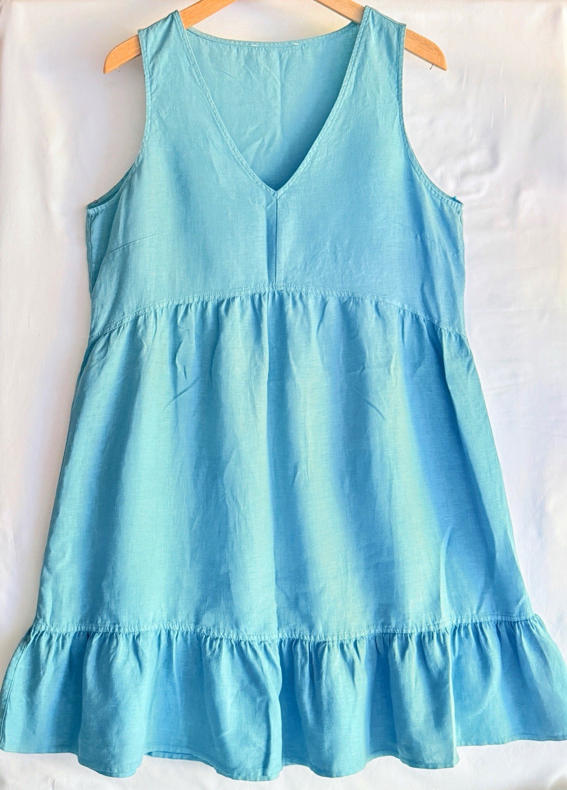 100% Linen Tiered Babydoll Dress Blue Sleeveless V Neck Ruffle Hem