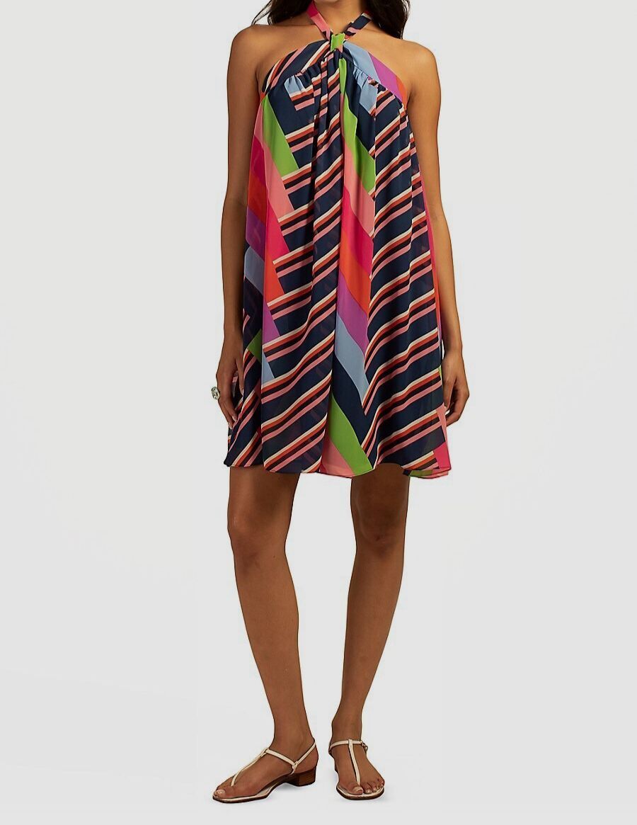 $278 Trina Turk Womens Blue Striped Halter Self-Tie Sleeveless Mini Dress Size L
