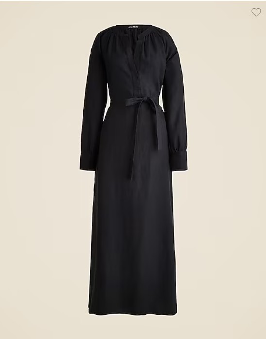 New J Crew Cabana Dress Black Linen Split Neck Self Tie Belt Sz XS Pockets