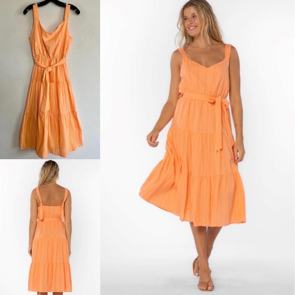 Velvet Heart Apricot Tiered Midi Dress S Cotton Tie Waist Sundress Summer Resort