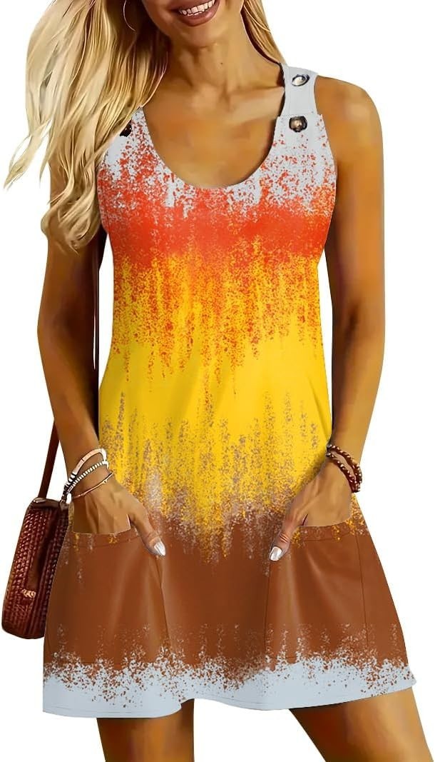 ETCYY Womens Sleeveless Casual U Neck Sundresses Dress Pockets XL Splatter