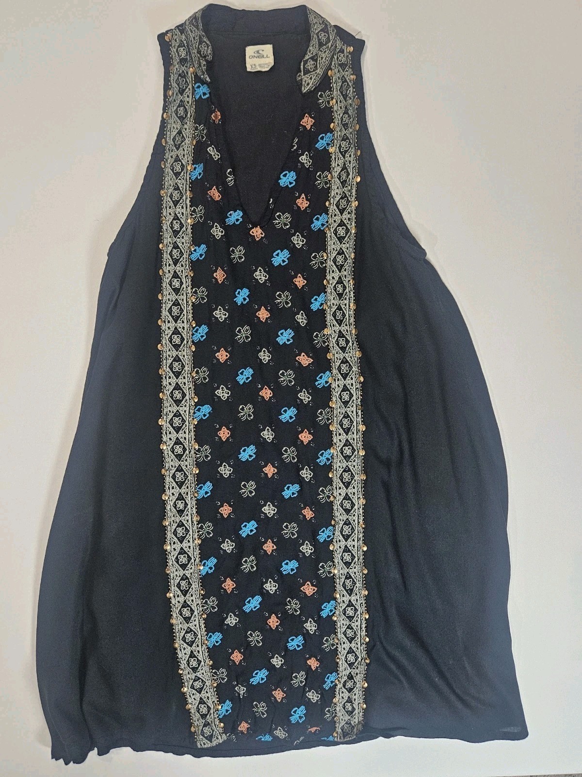 O’Neill Sleeveless A-Line Tunic Mini Dress Womens XS Black Gold Beaded Front