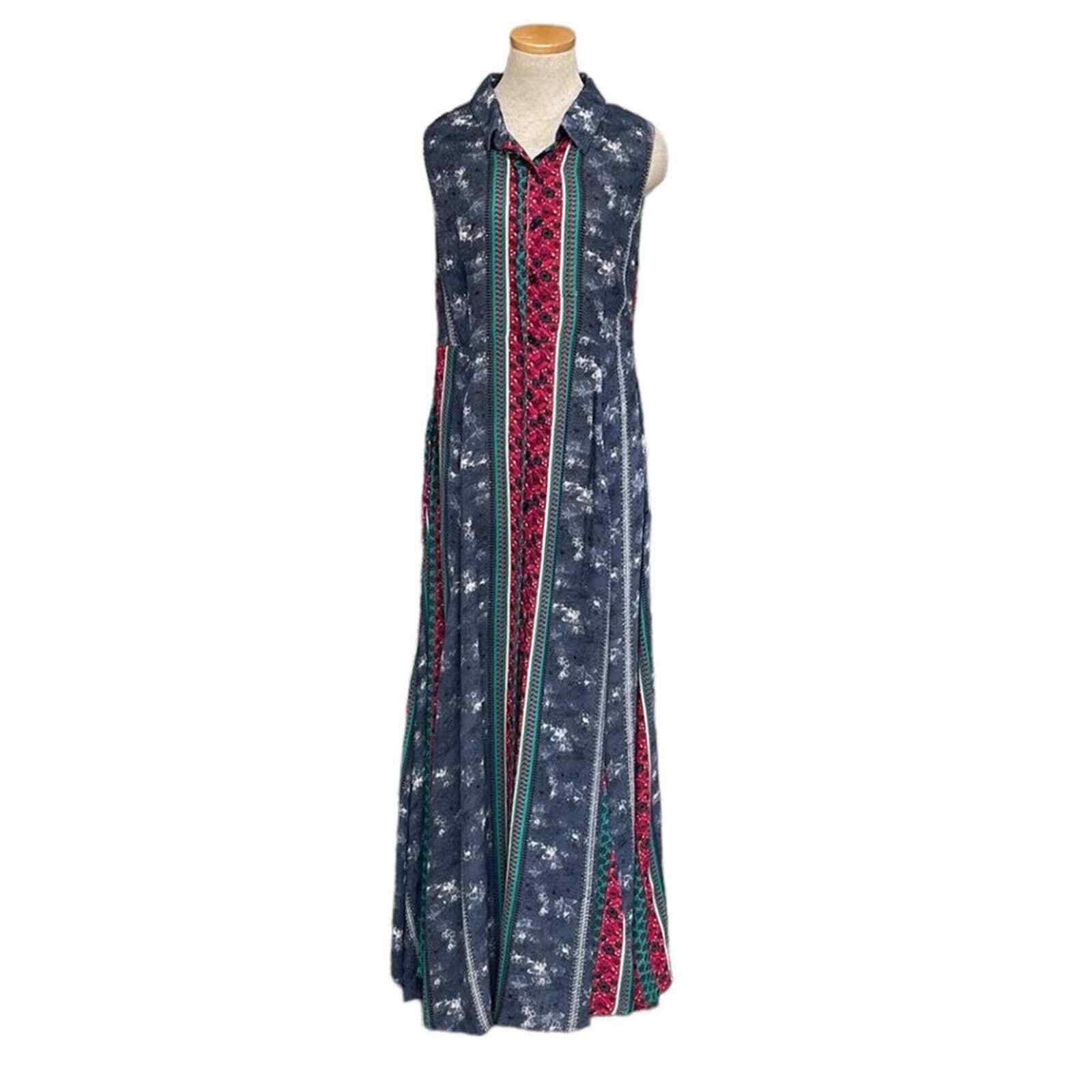 En Creme Garden Dress Women’s L Large Blue Red Floral Sleeveless Collar Midi