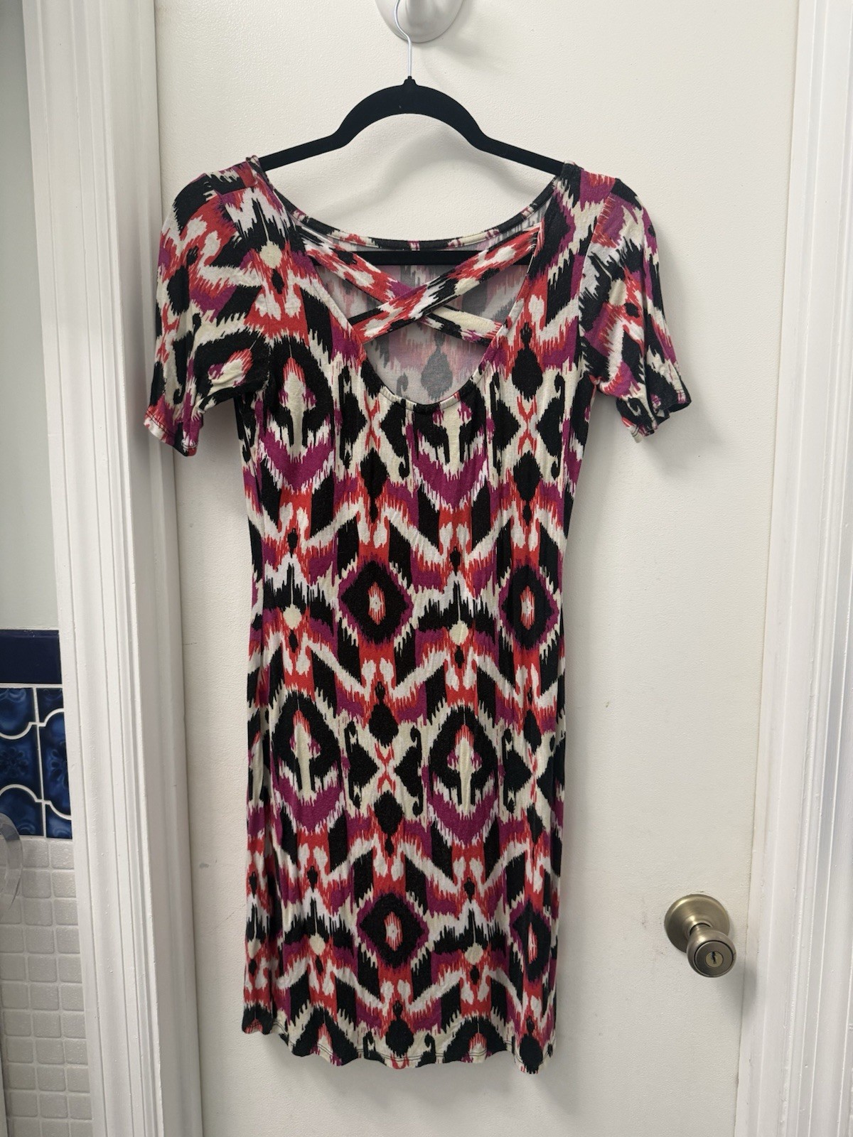 Loveappella Geometric Multicolor Sheath Dress Stretch Knit Scoop Neck M