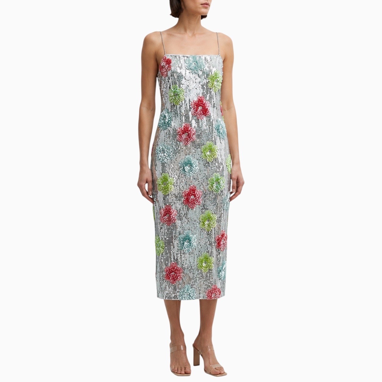 Bond 73 Sequin Floral Midi Dress Made in USA Silver Pink Blue Green Size M Party