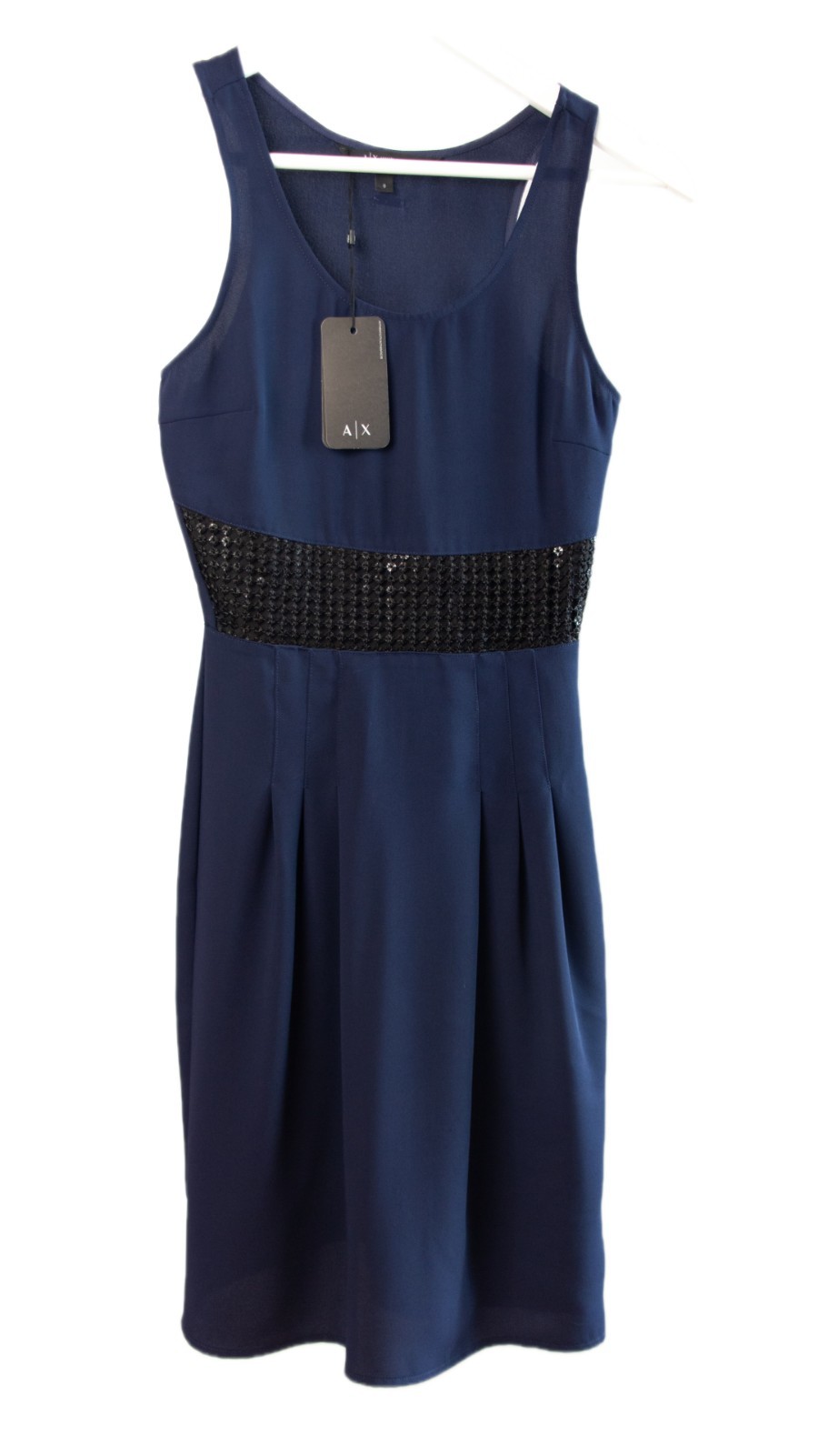 Armani Exchange NWT Navy Blue Cocktail Dress Size 0 Black Sequin Waist Sleeveles