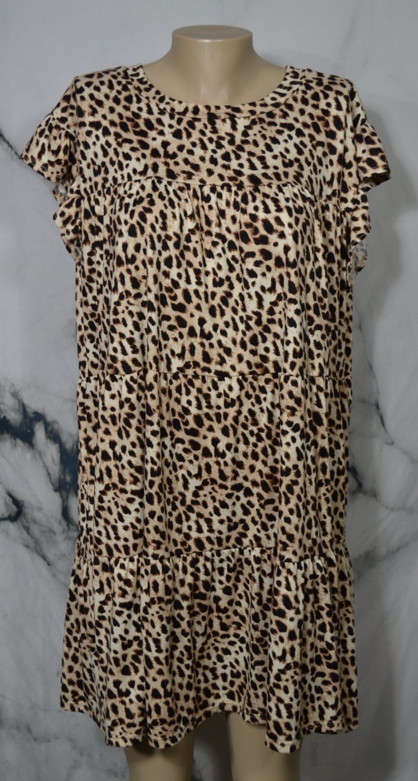ENTRO Tan Brown Black Leopard Print Mock Neck Ruffle Sleeve Tiered Dress Large