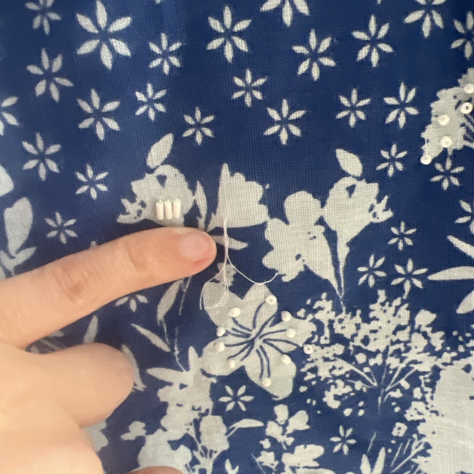 Per Una Dress UK 8 Blue White Floral Beaded Linen Cotton Blend Pockets Summer