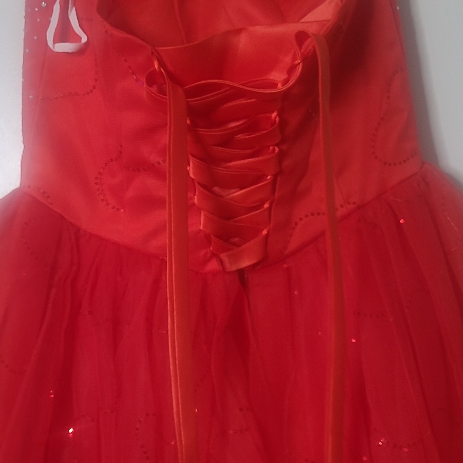 Red Strapless Sweetheart Rhinestone Bow Corset Lace-Up Tulle Long Gown XXL