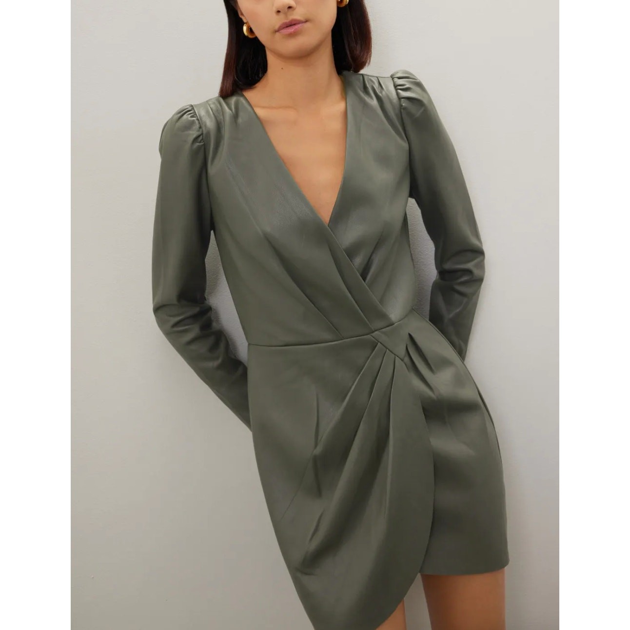 Saylor Dress Womens Small Olive Green Veronicka Faux Leather Mini V Neck Wrap