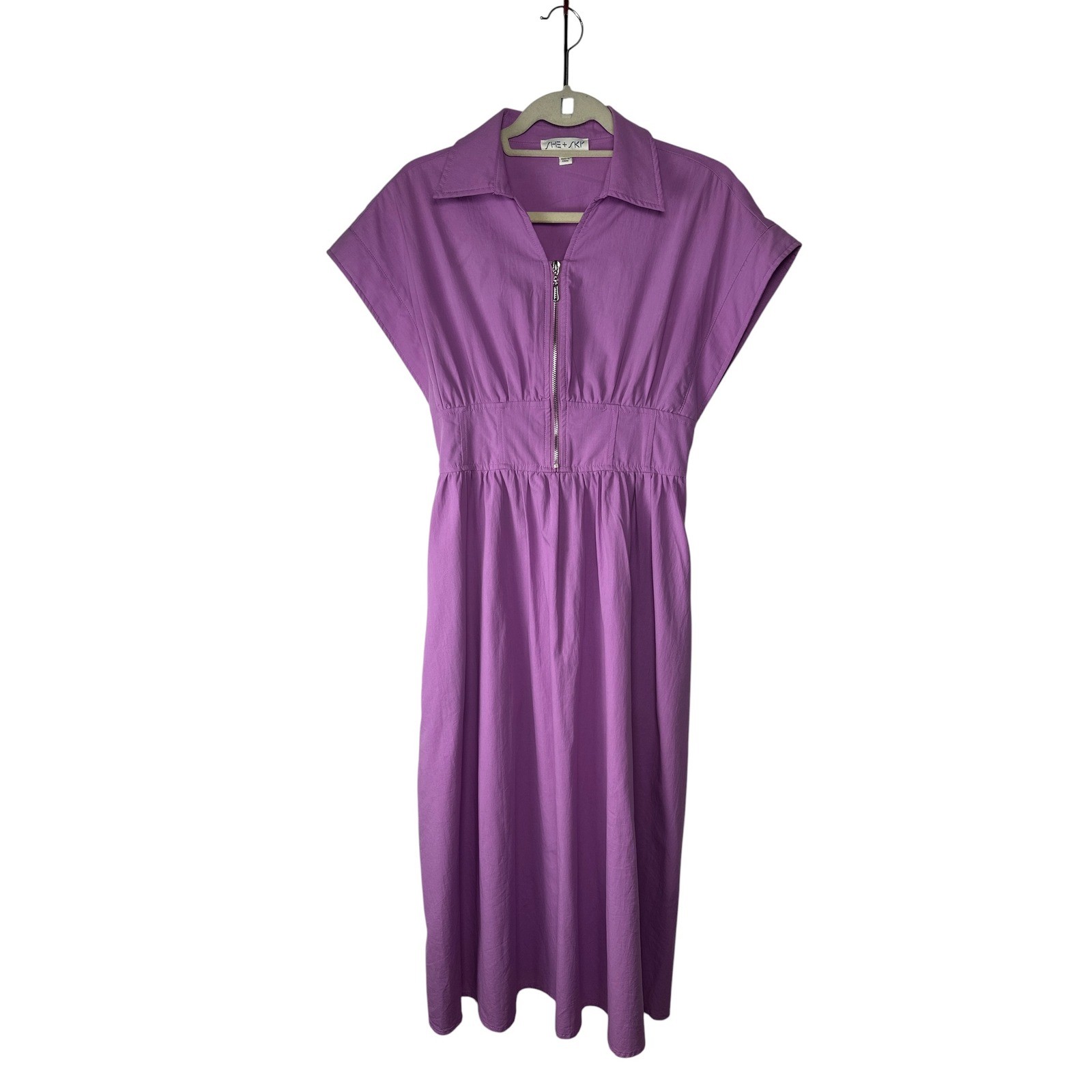 She + Sky Purple 100% Cotton Midi Dress Smocked Waist Short Sleeve Size Small