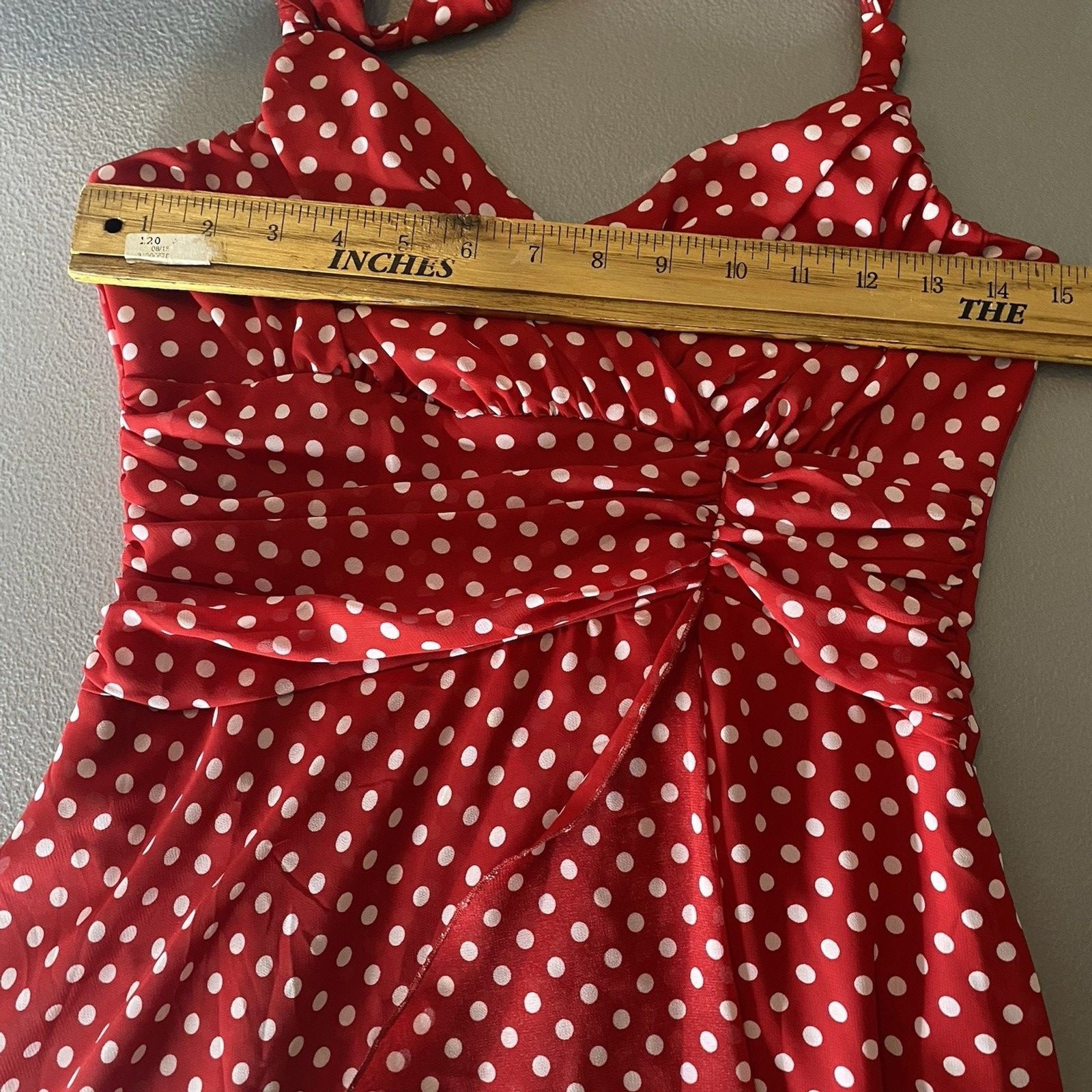 A Byer Polka Dot Halter Dress Womens 9 Surplice Faux Wrap Pinup Rockabilly Red