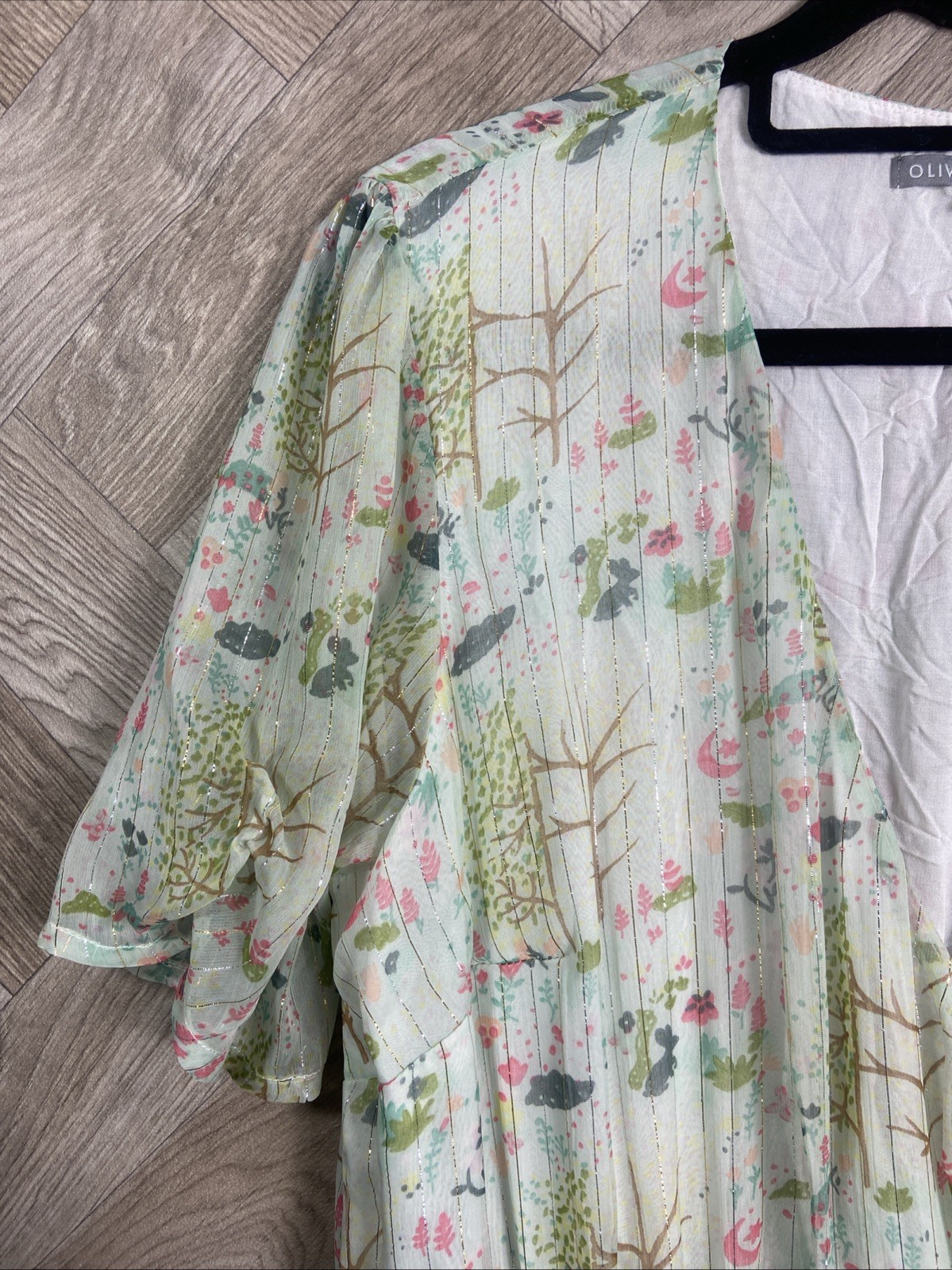 Oliver Bonas Sheer Floaty Leaf Print Midi Dress Ruffle Metallic Detail Size 16