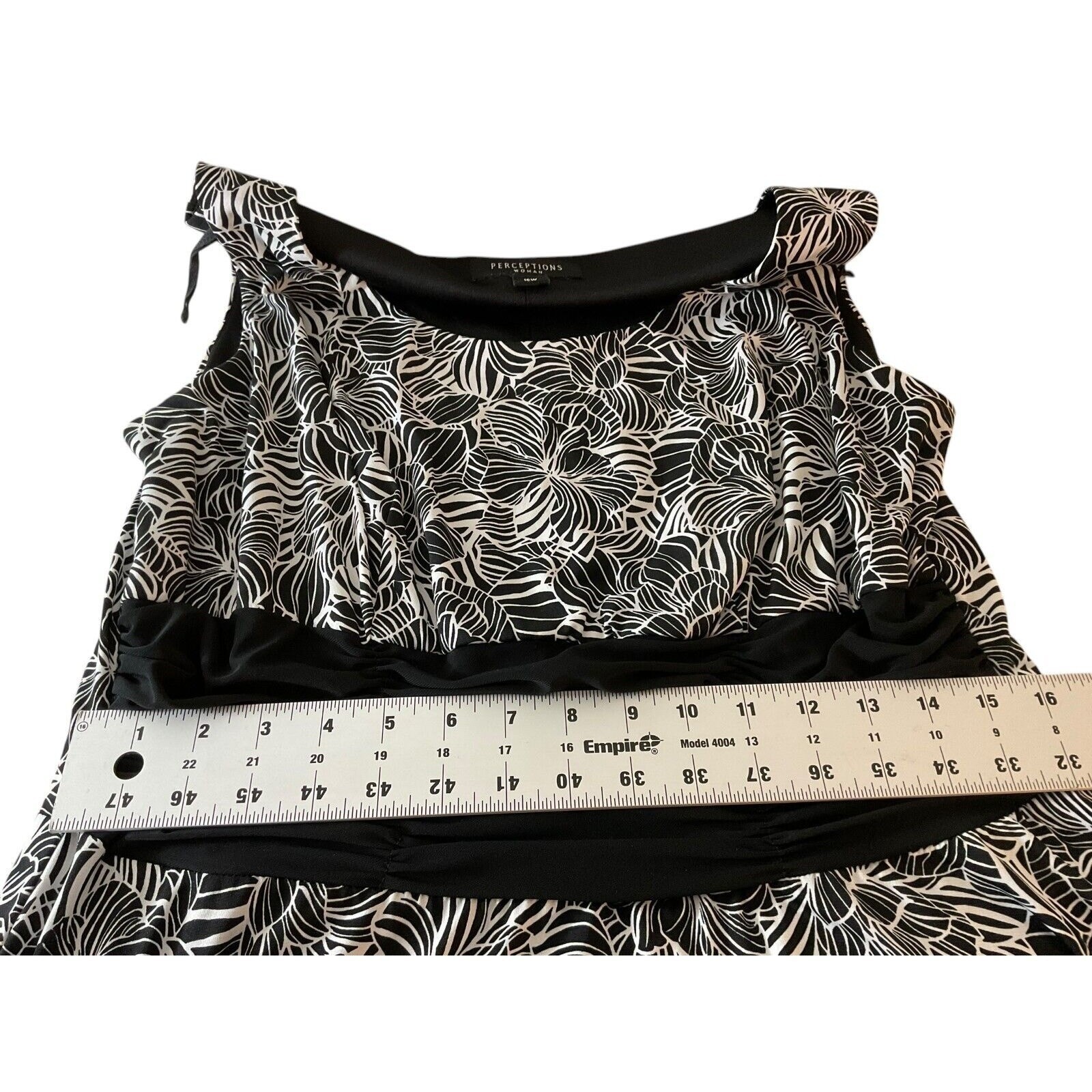 Perceptions Black White Floral Leaf Sleeveless Midi Dress Ruched Waist Sz 16W 1X