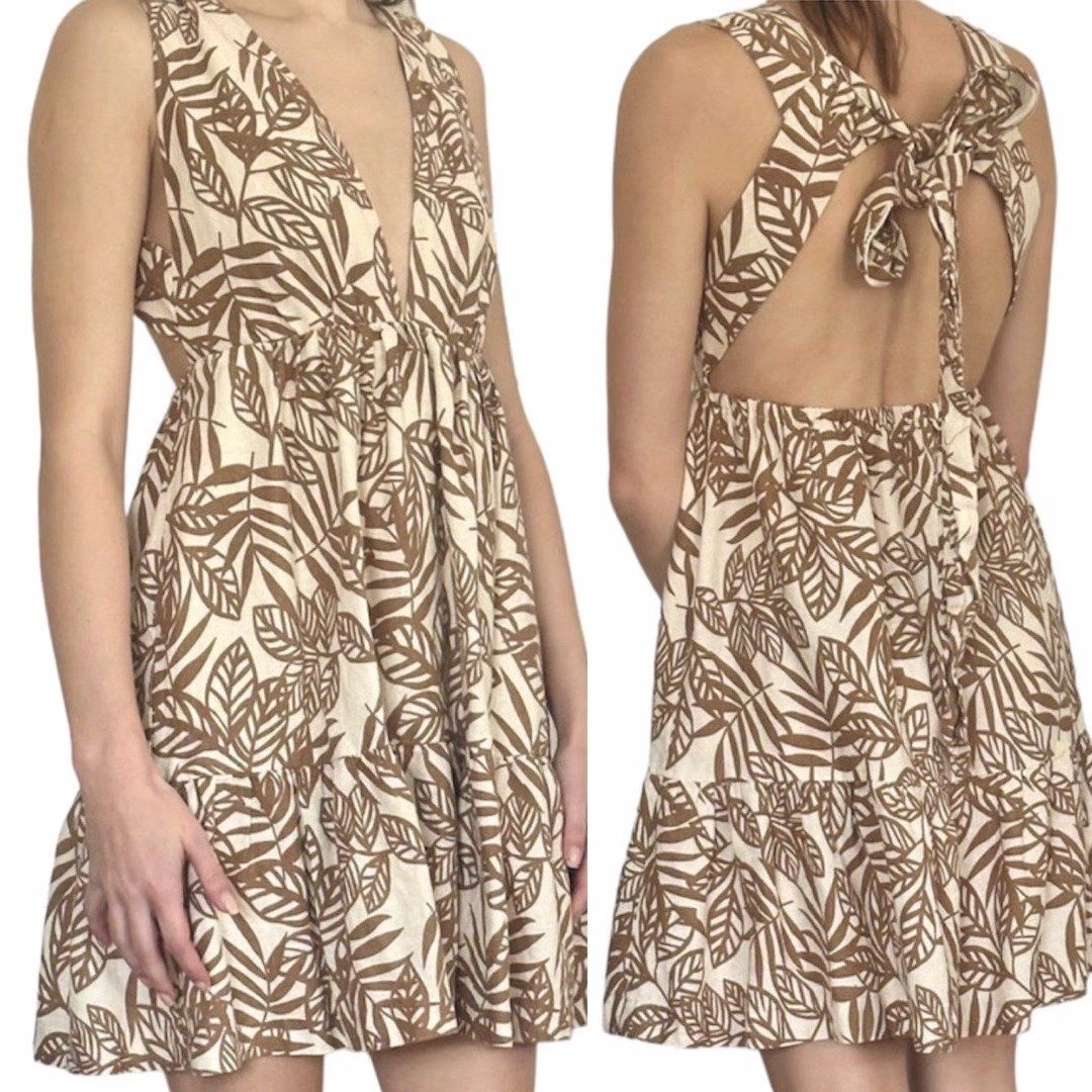House of Harlow 1960 Linen Blend Tropical Leaf Print Plunge Open Back Dress