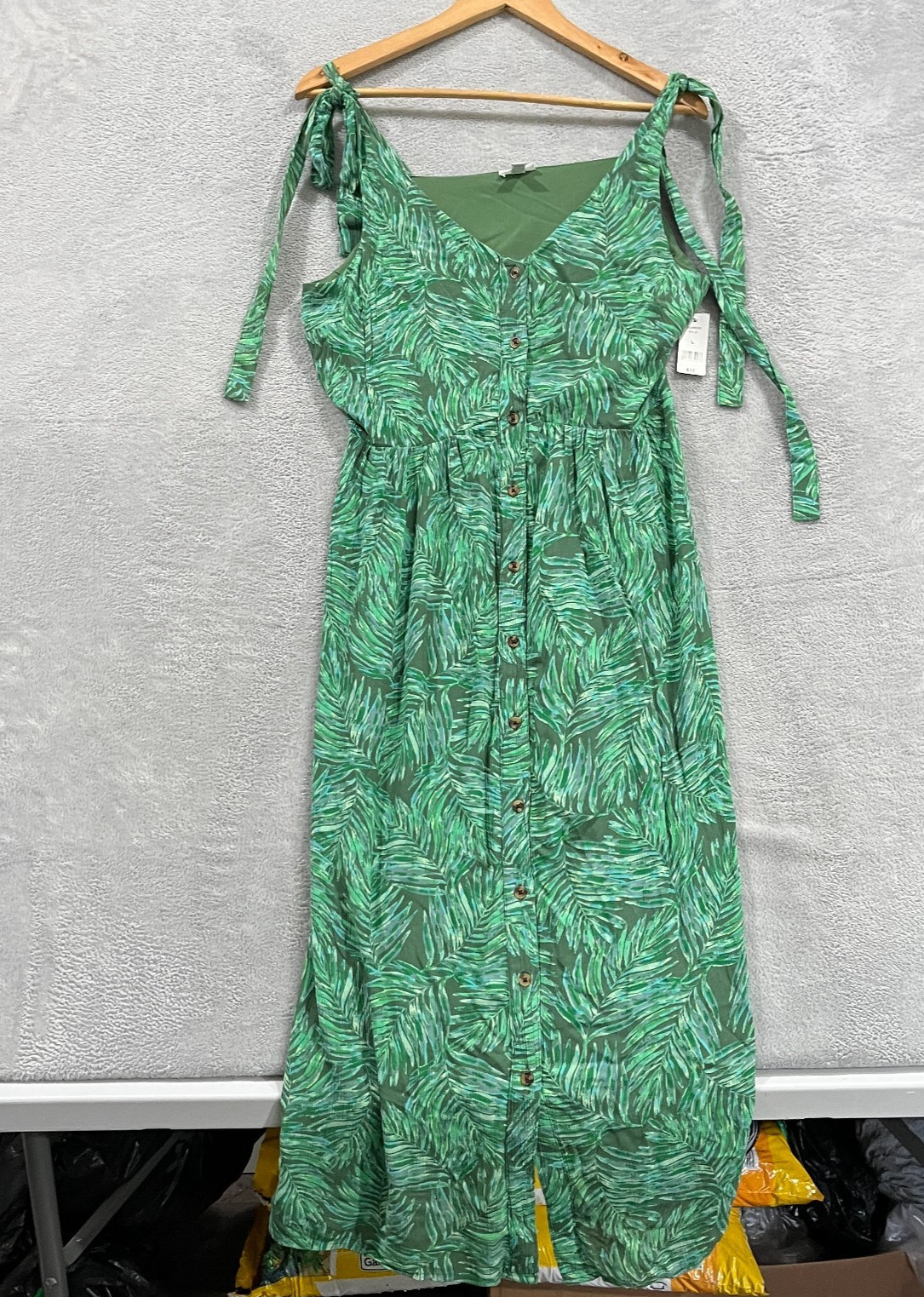 Dip Dress Large Chiffon Sleeveless Tie Straps Button Up Lined Green Aloha Boho