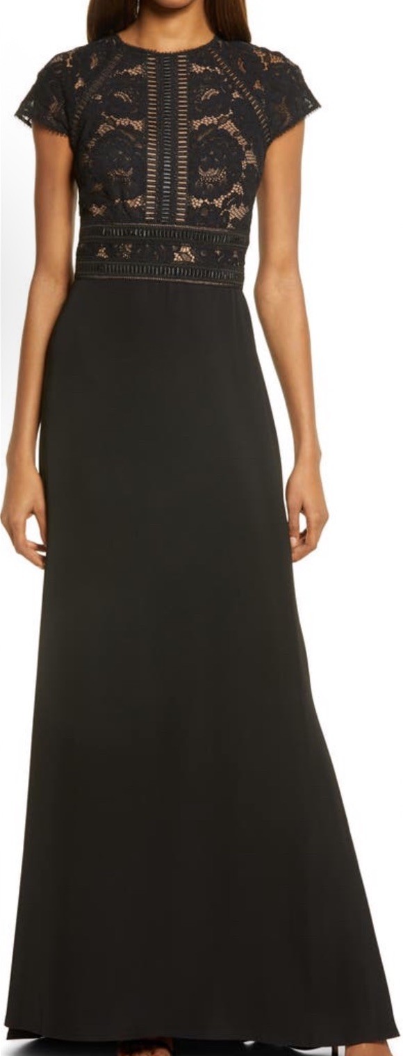 NWT Tadashi Shoji Lace & Crepe A-Line Gown In Black/ Nude Sz 4 $358