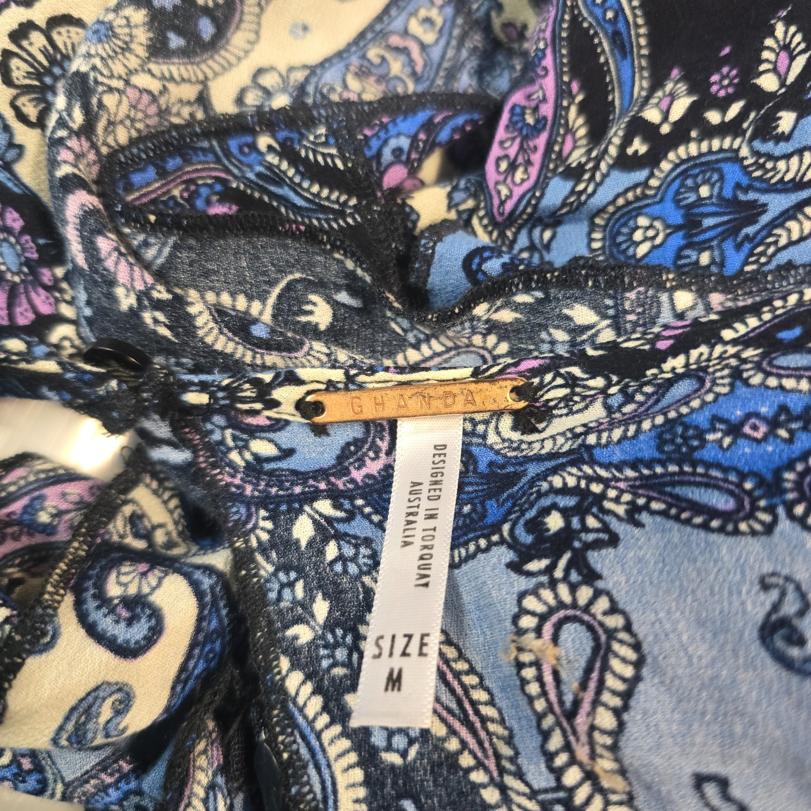 Ghanda Dress Womens A-line Mini Size M Blue Ivory Paisley Layered Sleeveless