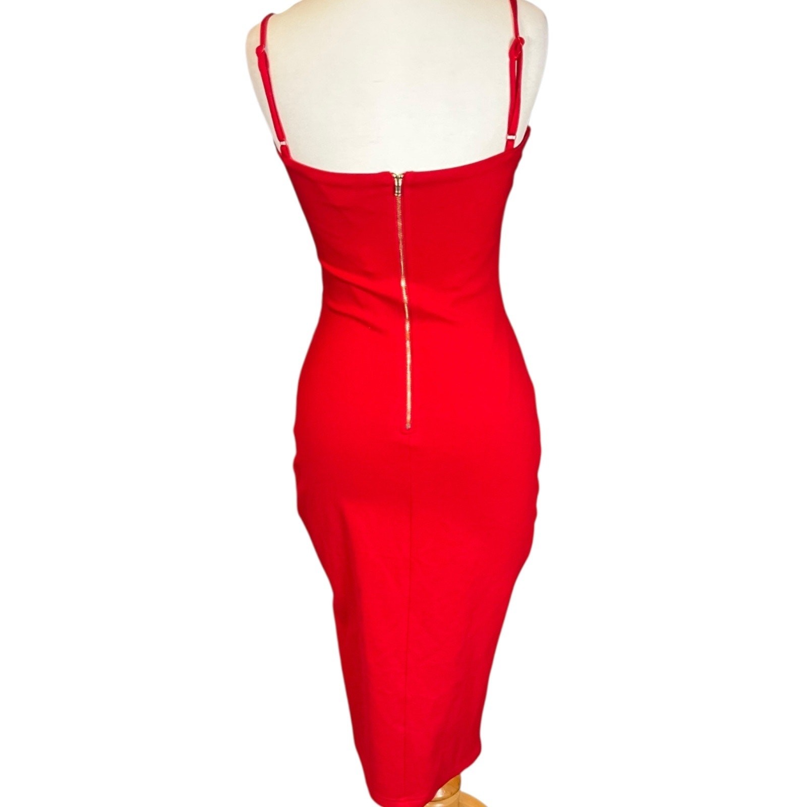 Sexy Red Bodycon Midi Dress Spaghetti Strap Gold Zipper Date Night Holiday Glam
