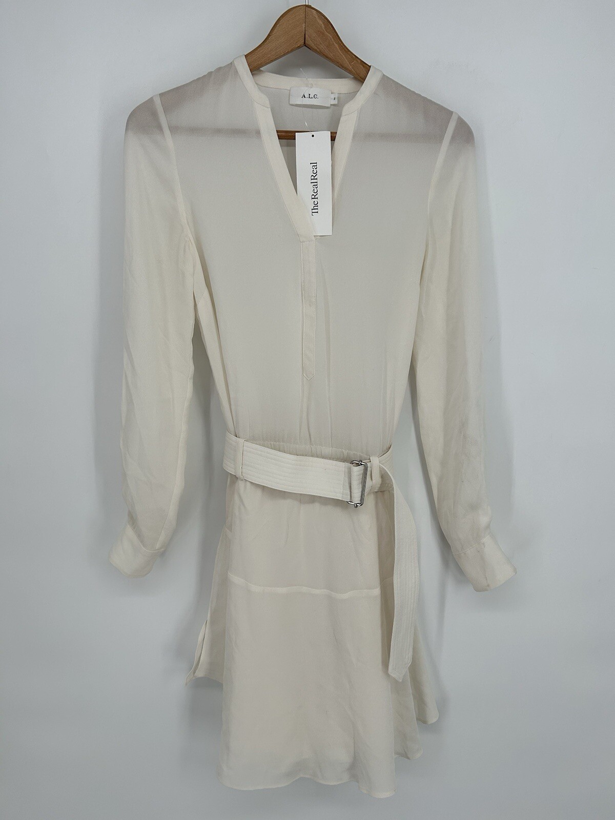 A.L.C. Dress Womens 2 Ivory Long Sleeve Sheer Fit & Flare Belted