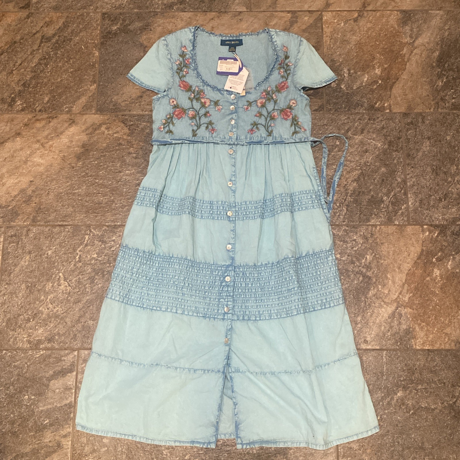 NWT April Cornell Embroidered Flutter Sunwashed Tea Dress Size Small (marked xxs