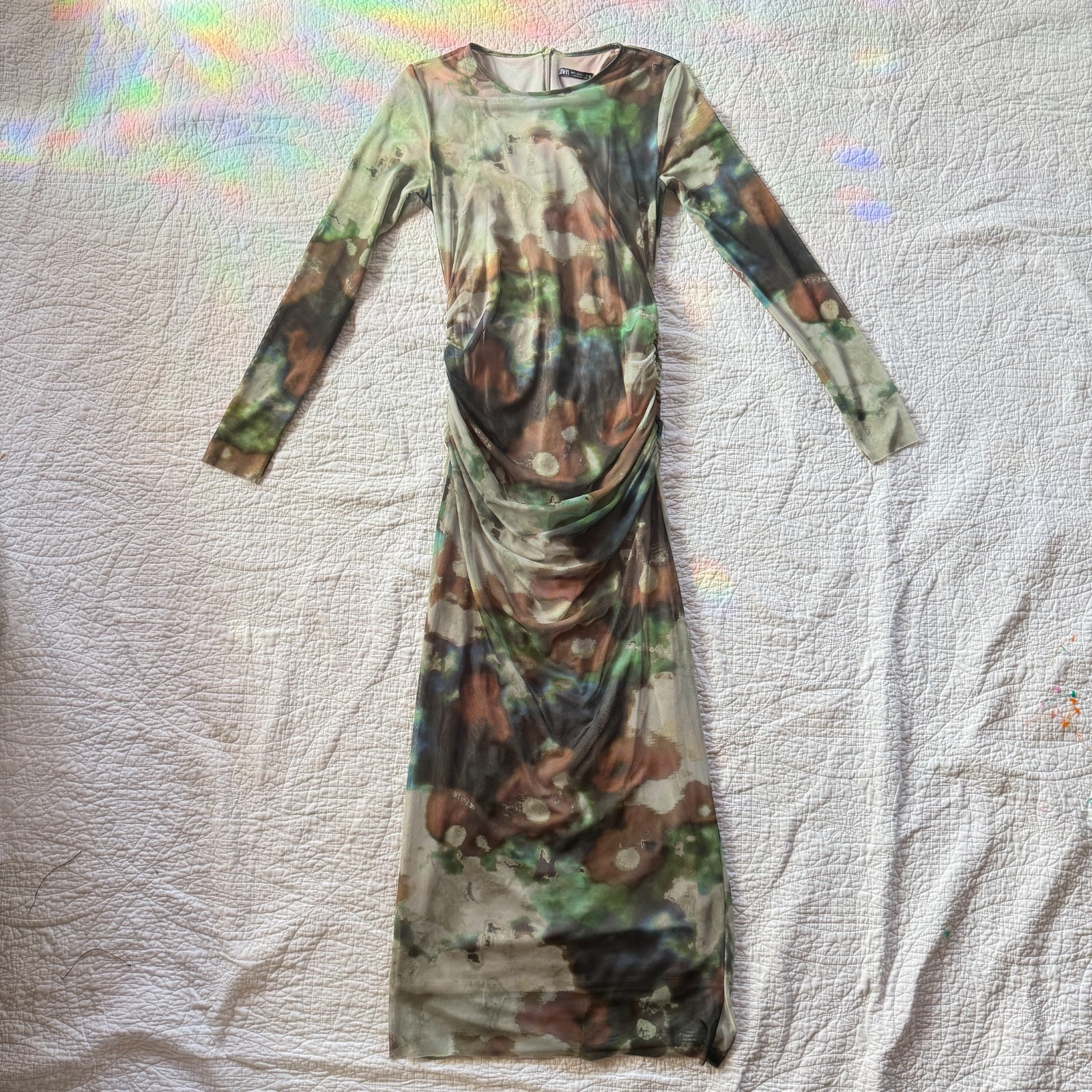 Zara Tulle Mesh Overlay Green Camo Ruched Dress Size M Goblincore Fairy Grunge