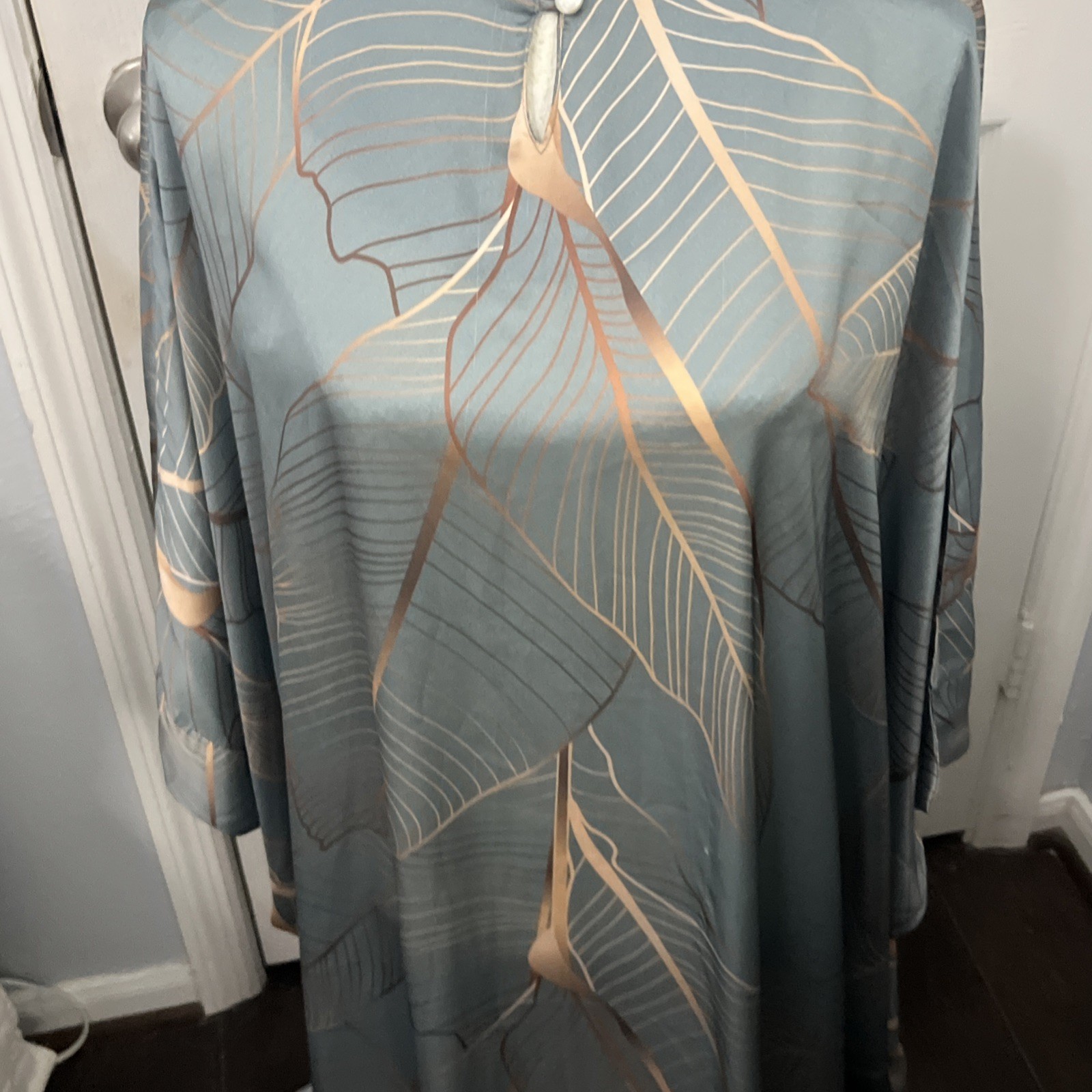 Sheikha, Egypt, Delicate Flowing Sage Green With Gold Leaf Pattern Long Gown