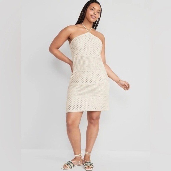 Old Navy Cream Halter Neck Crochet Mini Dress Women’s Sz M