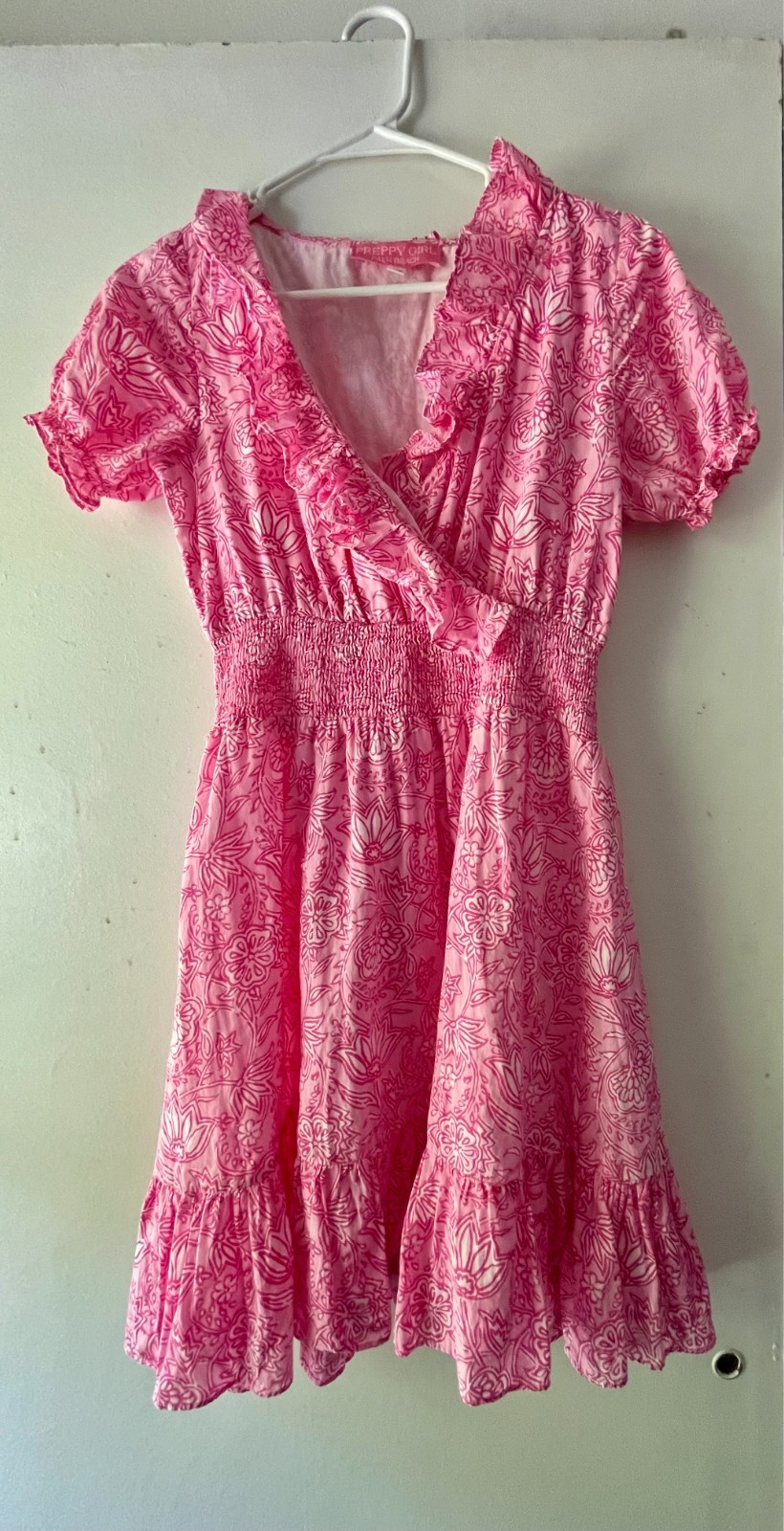 Preppy Girl Palm Beach Pink & White Ruffle Lined Cotton Dress, Size: XS