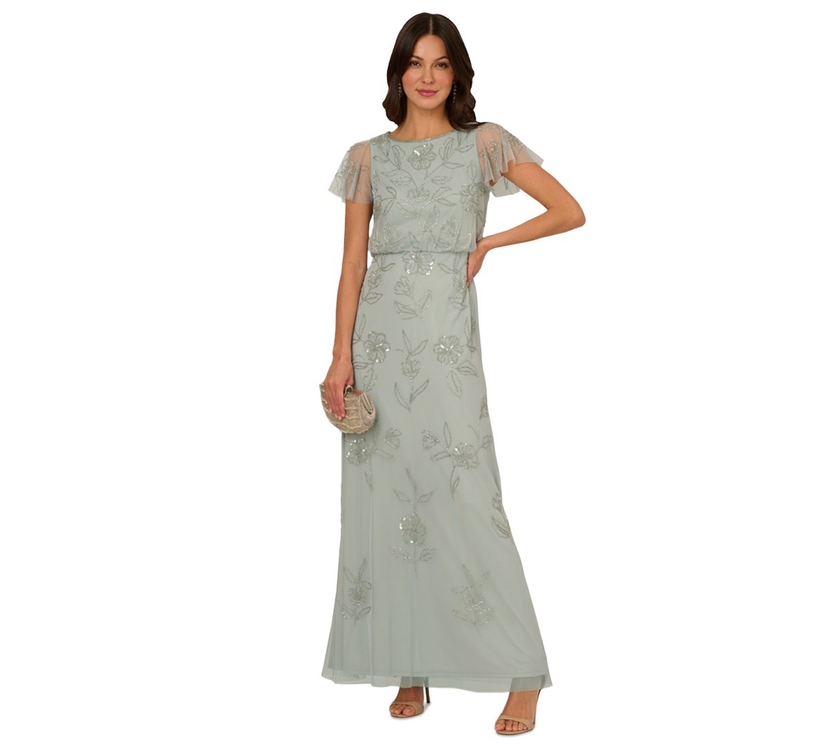 Adrianna Papell Beaded Sequin Gown 8 Aqua Blue Flutter Sleeve Blouson NWT $169