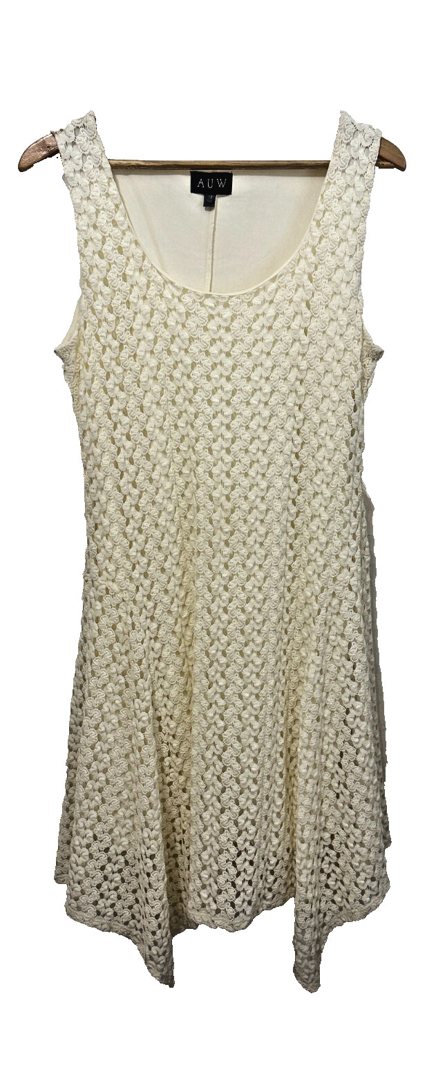 AUW Womans Open Knit Cottagecore Asymmetrical Mini Dress Size 12 Beachy Boho