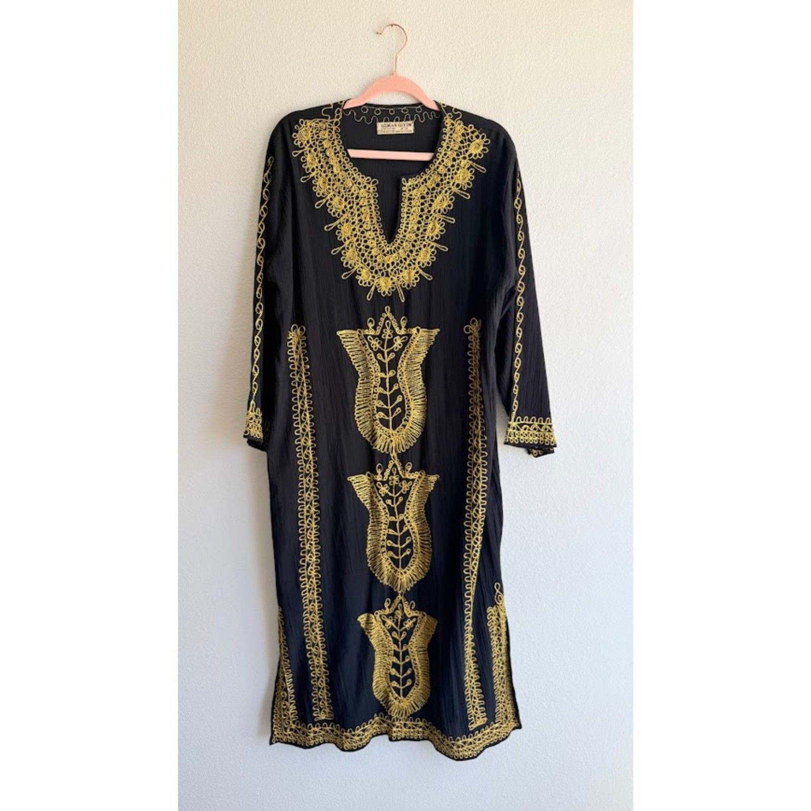 Uzman Giyim 100% Cotton Embroidered Kaftan in Black & Gold Embroidery size XXL