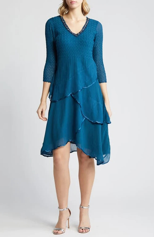 NEW, Komarov Beaded Tiered Chiffon Cocktail Dress Mediterranean Blue M #EP379