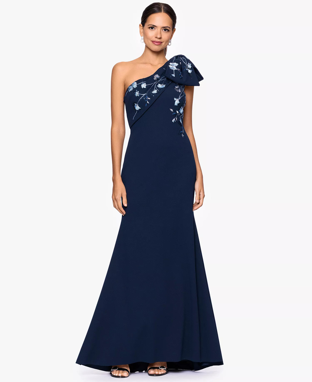 Betsy & Adam Gown One Shoulder Bow Floral Embroidered Sequin Navy Mermaid Sz 14