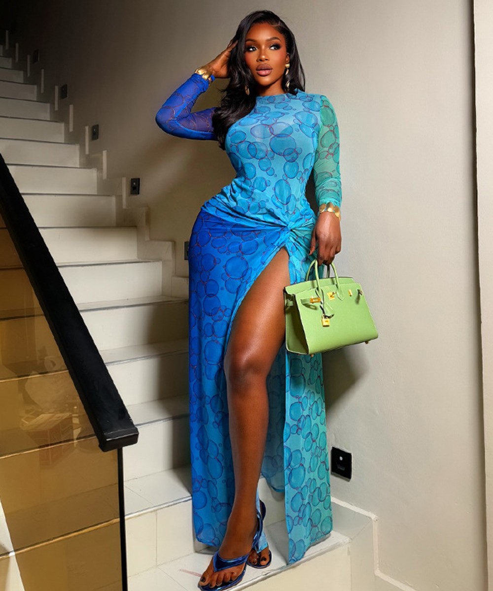 Azure Bubble Mesh Maxi Dress